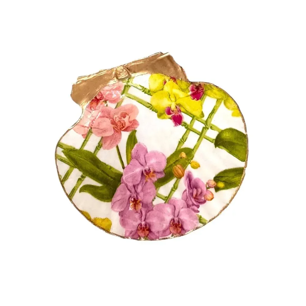 Pink Orchid Bamboo Shell Trinket Dish, Botanical Ring Dish